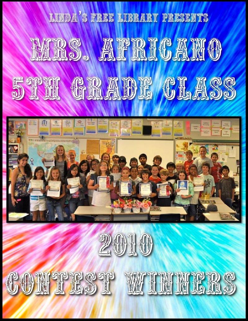 Cover of Mrs. Africano's 5th Grade Class 2010 Contest Winners — a classroom of smiling students holding their award certificates