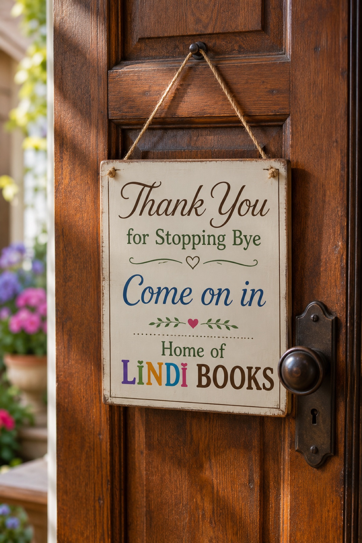 A wooden door with a hand-lettered sign: Thank you for stopping by. Come on in. Home of LiNDi Books.