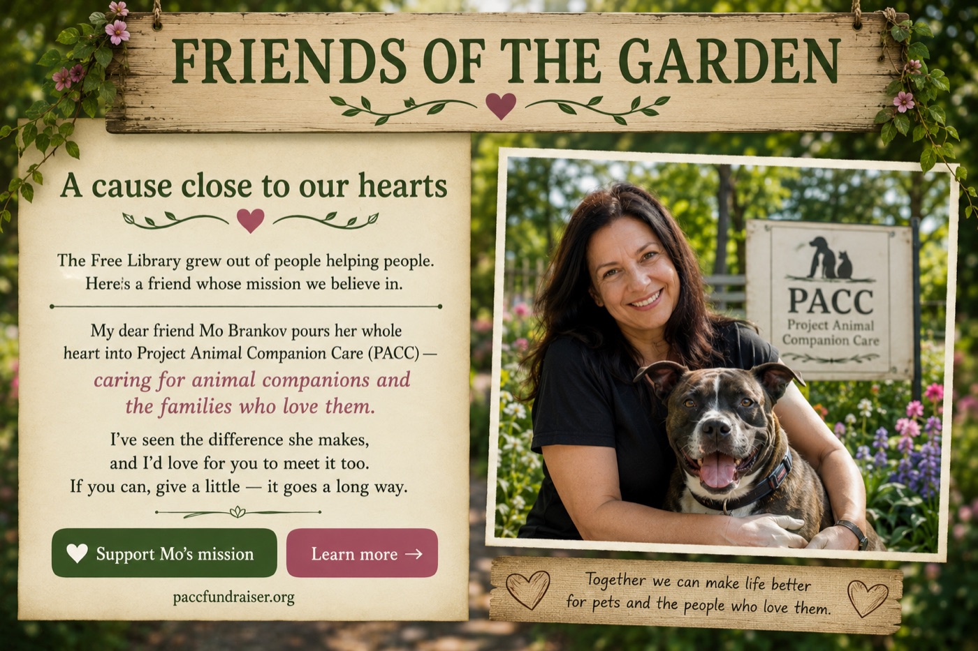 Friends of the Garden: Mo Brankov smiling with a happy dog beside a Project Animal Companion Care (PACC) sign.