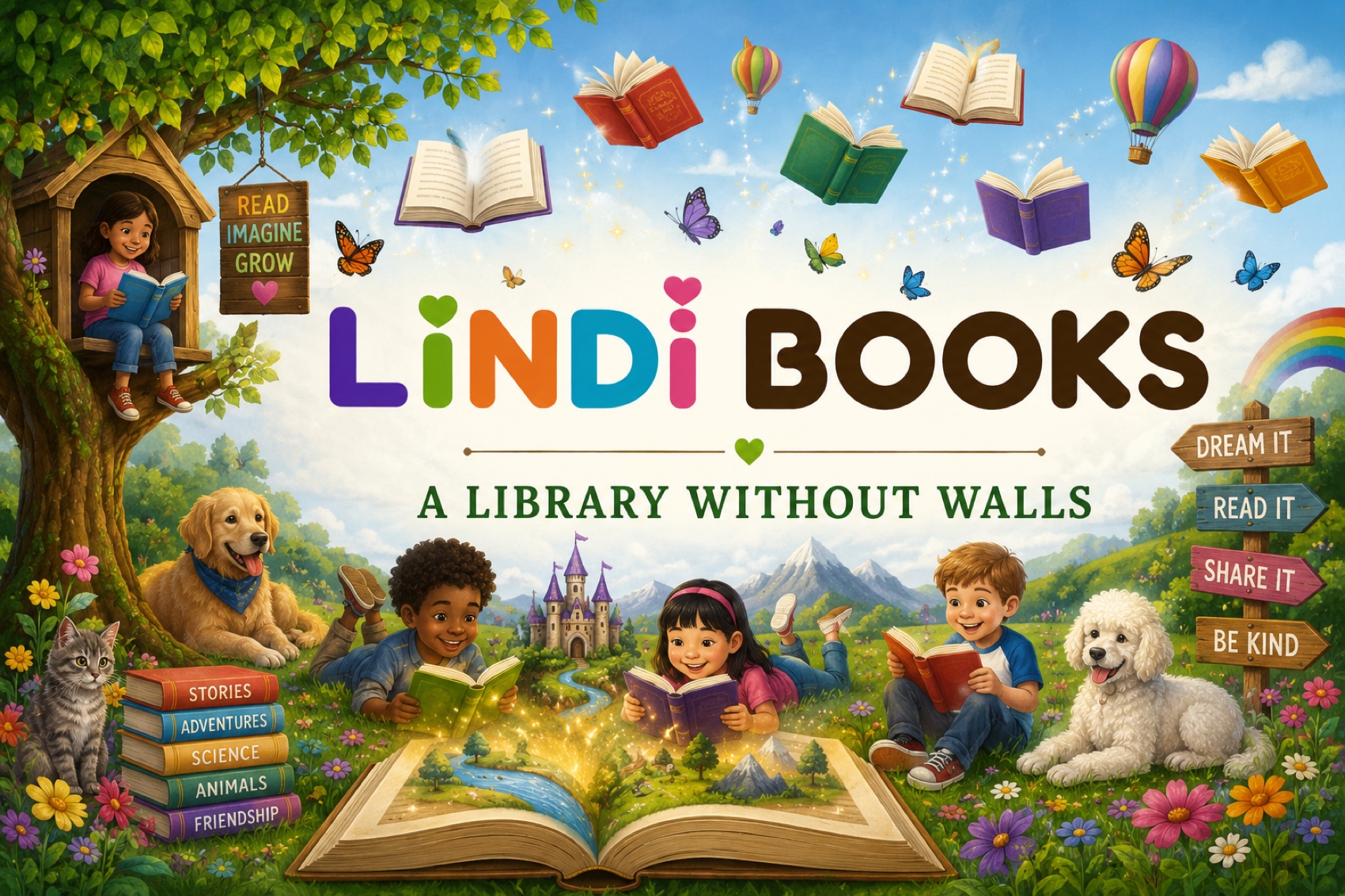 LiNDi Books — A Library Without Walls. Children read together in a sunny garden full of flowers, flying storybooks, a treehouse, friendly dogs and a cat, a castle and mountains, with wooden signposts reading Dream it, Read it, Share it, and Be kind.