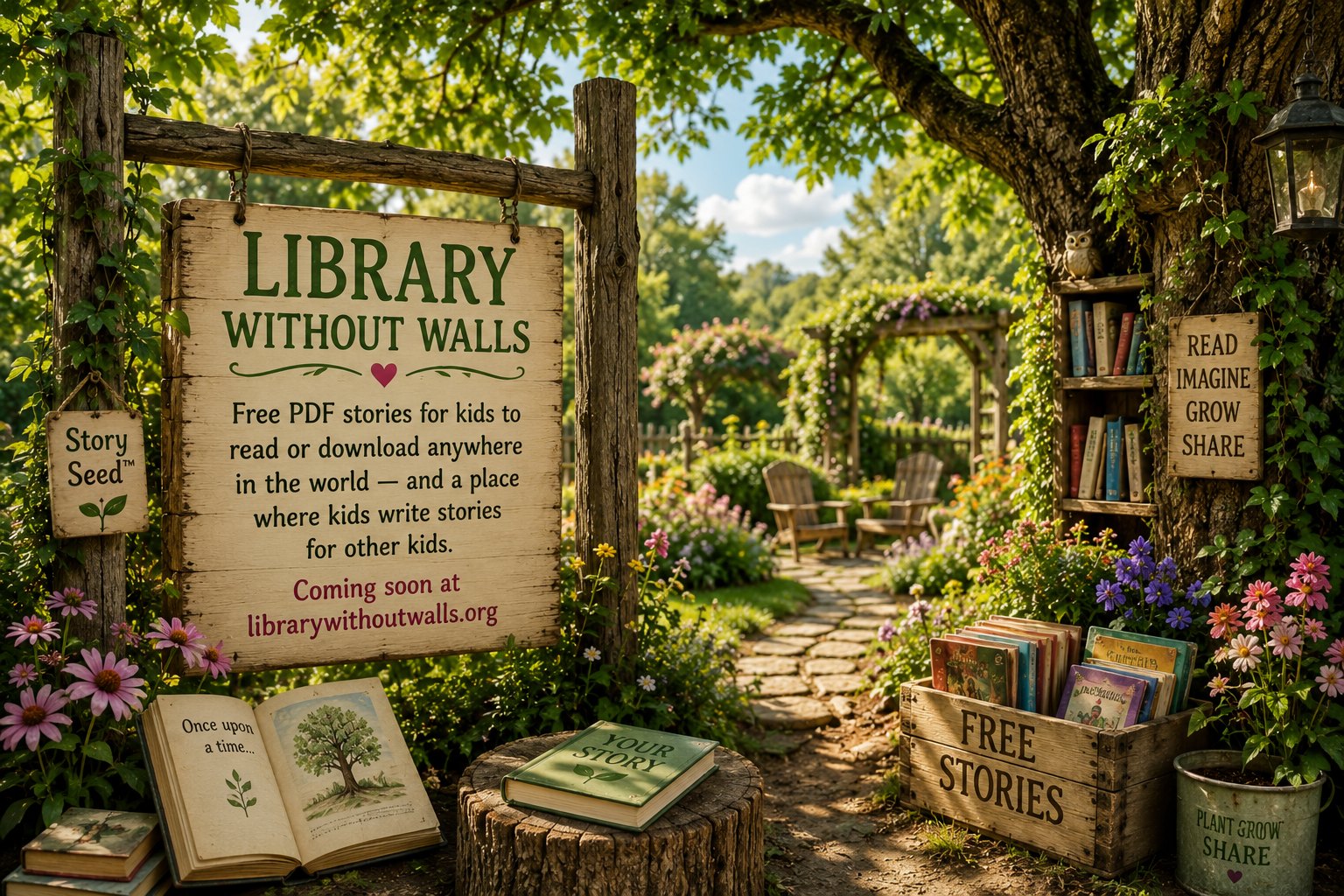Library Without Walls — a weathered wooden sign hanging in a sunlit garden reads: “Free PDF stories for kids to read or download anywhere in the world — and a place where kids write stories for other kids.” Around it, a crate of free storybooks, an open book on the grass, a book titled “Your Story,” and small signs reading “Story Seed” and “Read · Imagine · Grow · Share.”