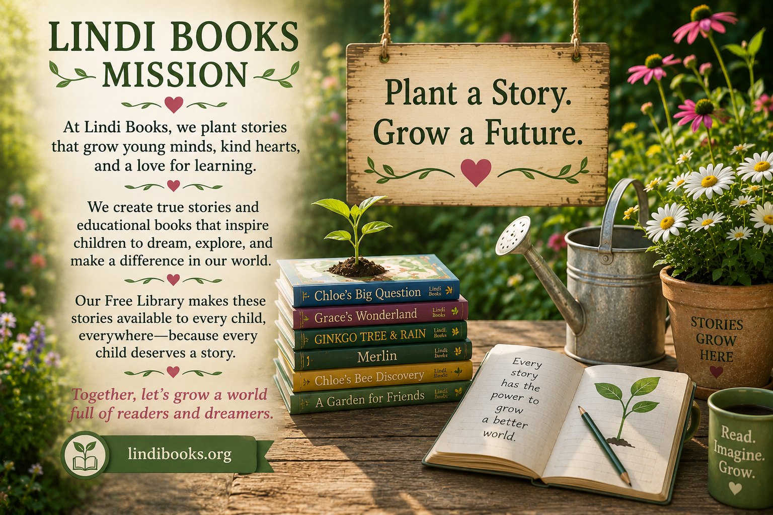 Lindi Books Mission — “At Lindi Books, we plant stories that grow young minds, kind hearts, and a love for learning. We create true stories and educational books that inspire children to dream, explore, and make a difference in our world. Our Free Library makes these stories available to every child, everywhere — because every child deserves a story. Together, let's grow a world full of readers and dreamers.” A hanging garden sign reads “Plant a Story. Grow a Future.” beside a stack of books — Chloe's Big Question, Grace's Wonderland, Ginkgo Tree & Rain, Merlin, Chloe's Bee Discovery, A Garden for Friends — with a seedling growing out of the top, a watering can, and an open notebook reading “Every story has the power to grow a better world.”