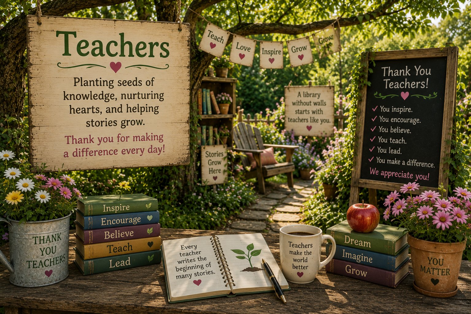 Teachers — a wooden sign hanging in a garden reads: “Planting seeds of knowledge, nurturing hearts, and helping stories grow. Thank you for making a difference every day!” Beside it, bunting spelling Teach · Love · Inspire · Grow, a stack of books labelled Inspire, Encourage, Believe, Teach, Lead, an open notebook reading “Every teacher writes the beginning of many stories,” a mug reading “Teachers make the world better,” and a chalkboard headed “Thank You Teachers!” listing: You inspire. You encourage. You believe. You teach. You lead. You make a difference. We appreciate you!